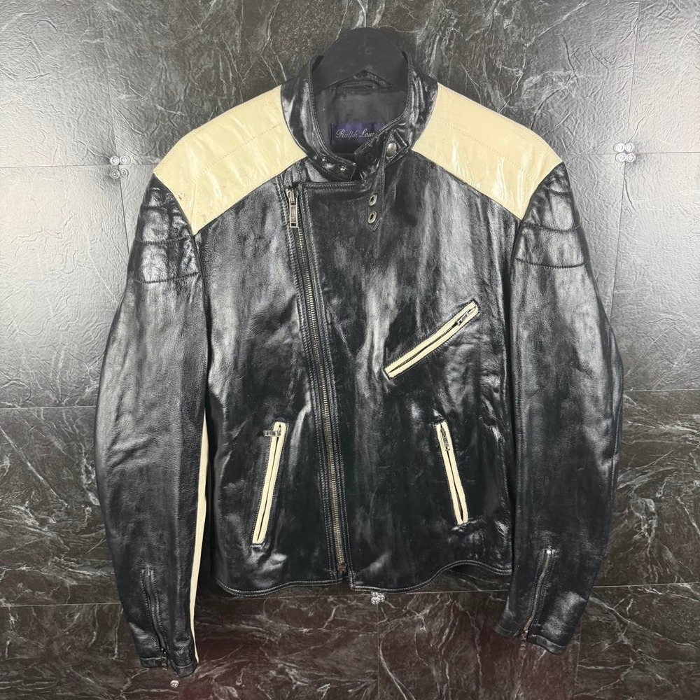 Polo Ralph Lauren Women's Black Purple Label Biker Leather Jacket Large -Flaws